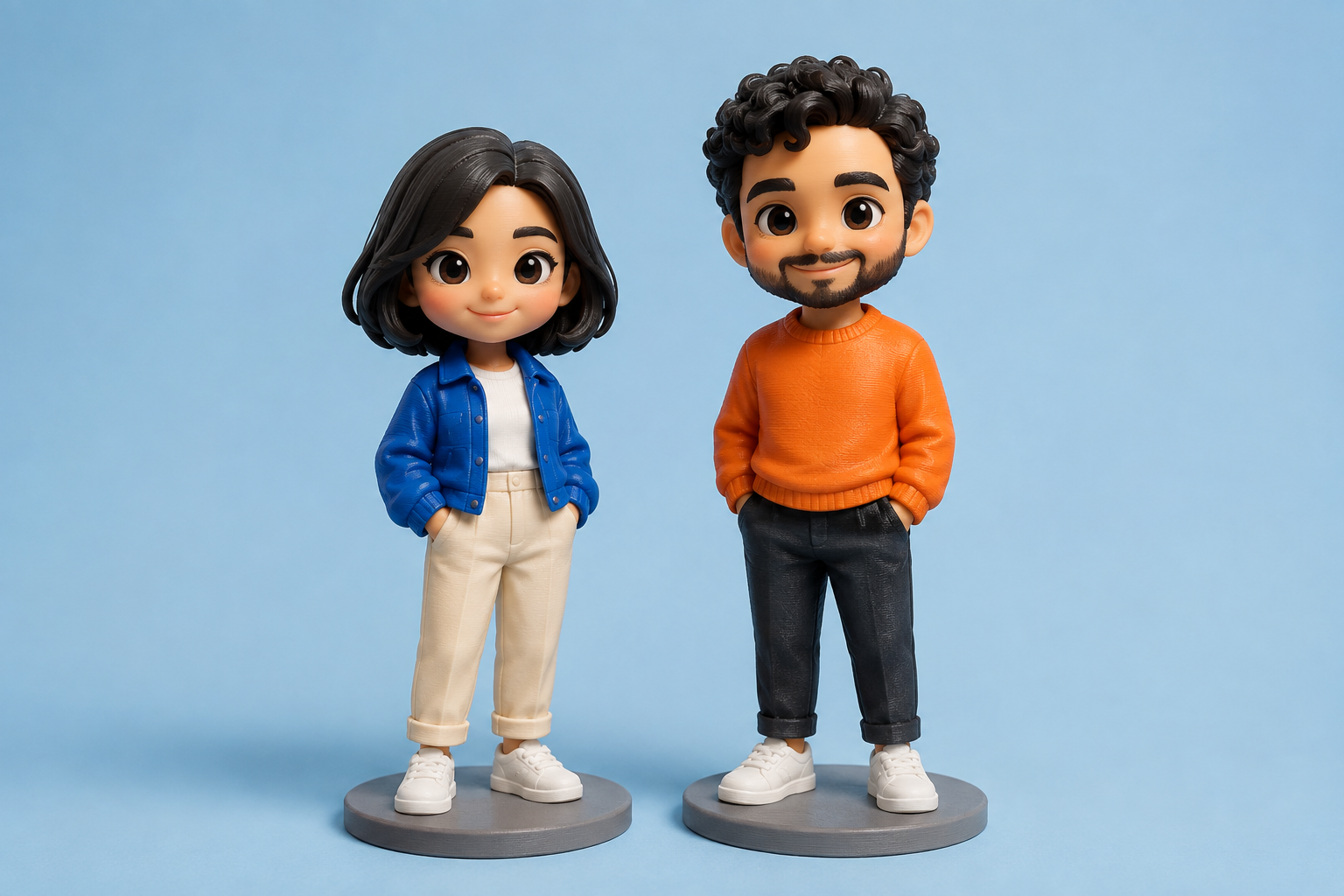 Illustrative samples of two colourful chibi miniature figurines on circular bases